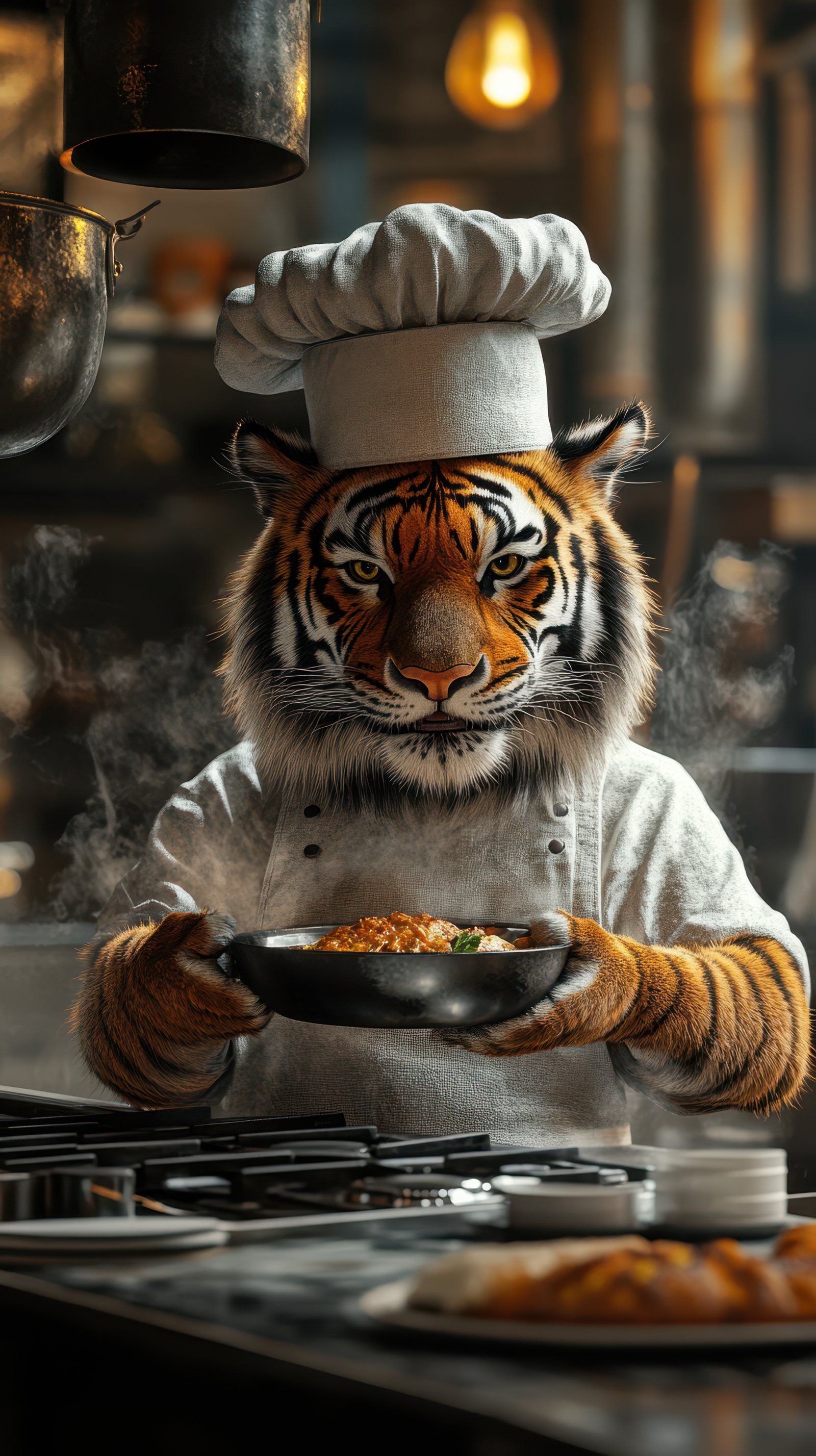 Tiger chef prepares a delicious meal in a bustling kitchen during dinner time